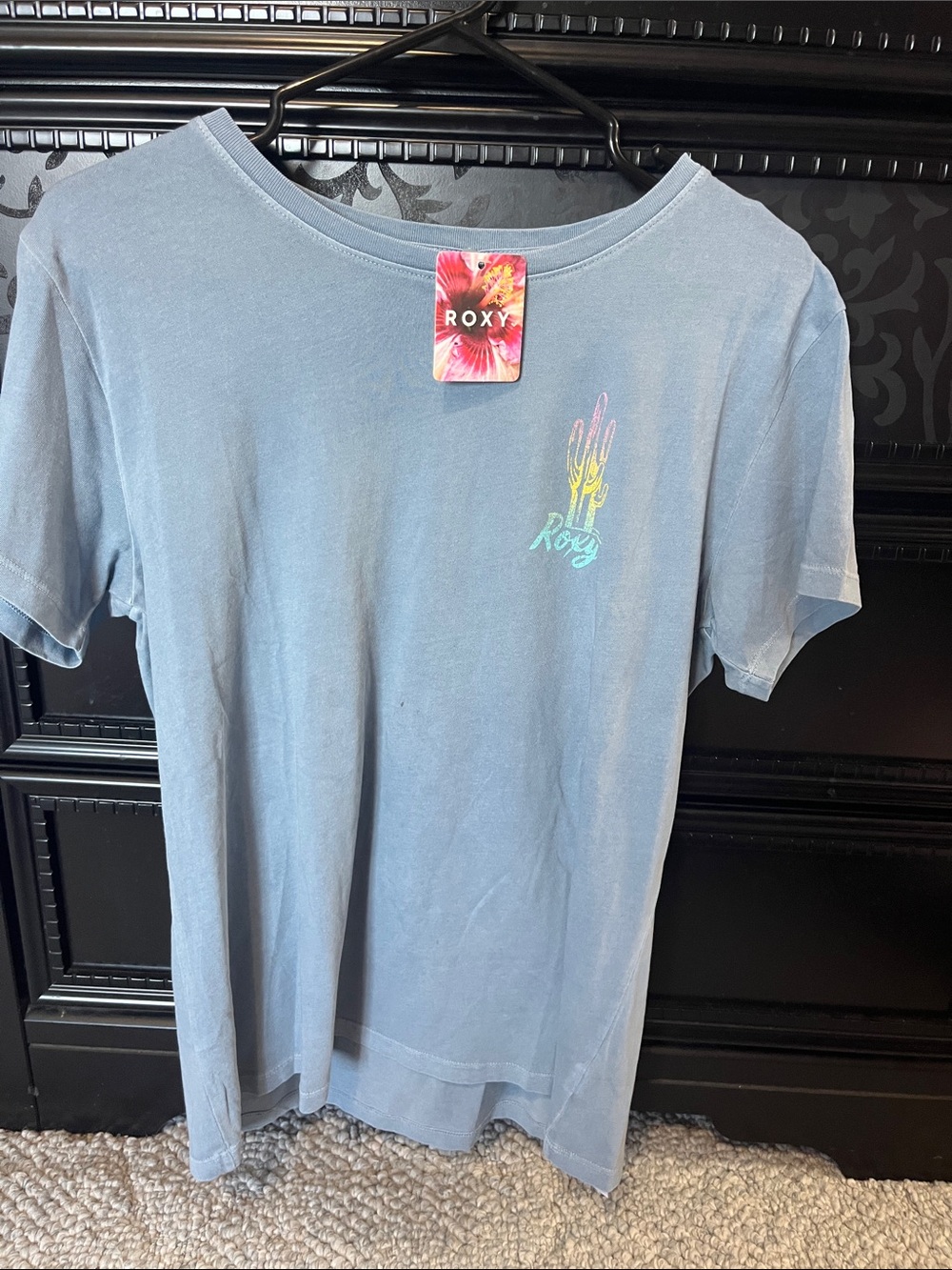 Roxy Powder Blue Tee with Neon Cactus Graphic